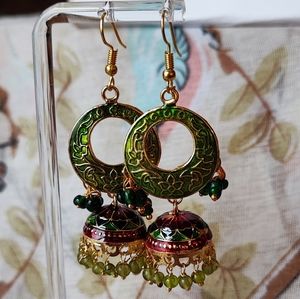 Bali Style India Jhumka Bright Golden Festive Green and Red Enamel Earrings NEW